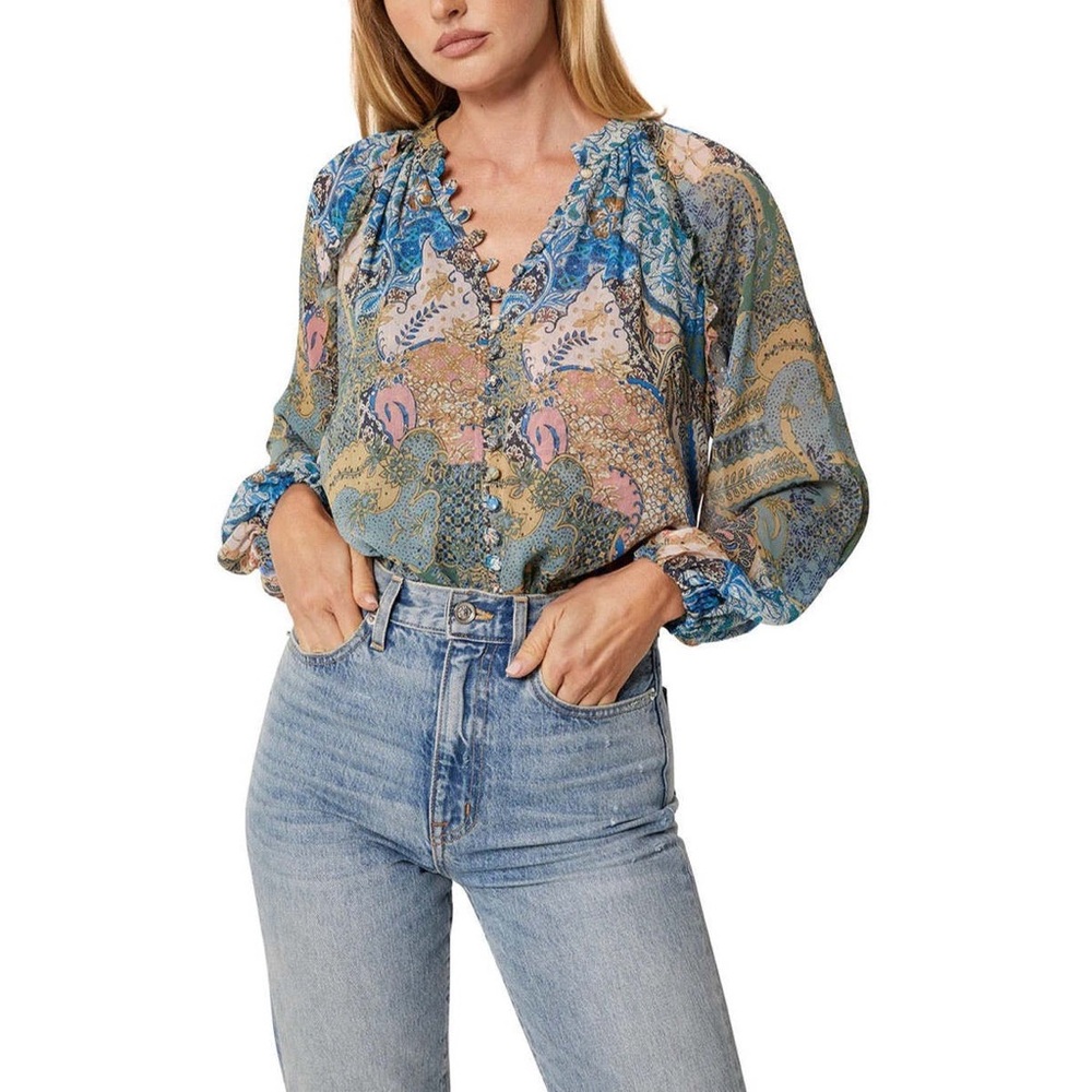 MISA Los Angeles Karan Top Batik Patchwork Blouse Chiffon Size XS 1097
